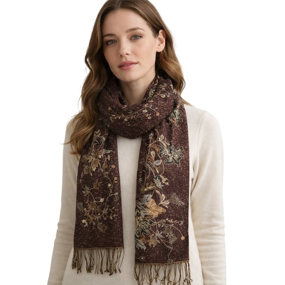 pashmina Accessories - Pashmina 90%‎ Cashmere 10% Silk Long Floral Scarf Shawl Wrap Brown Gold Fringe